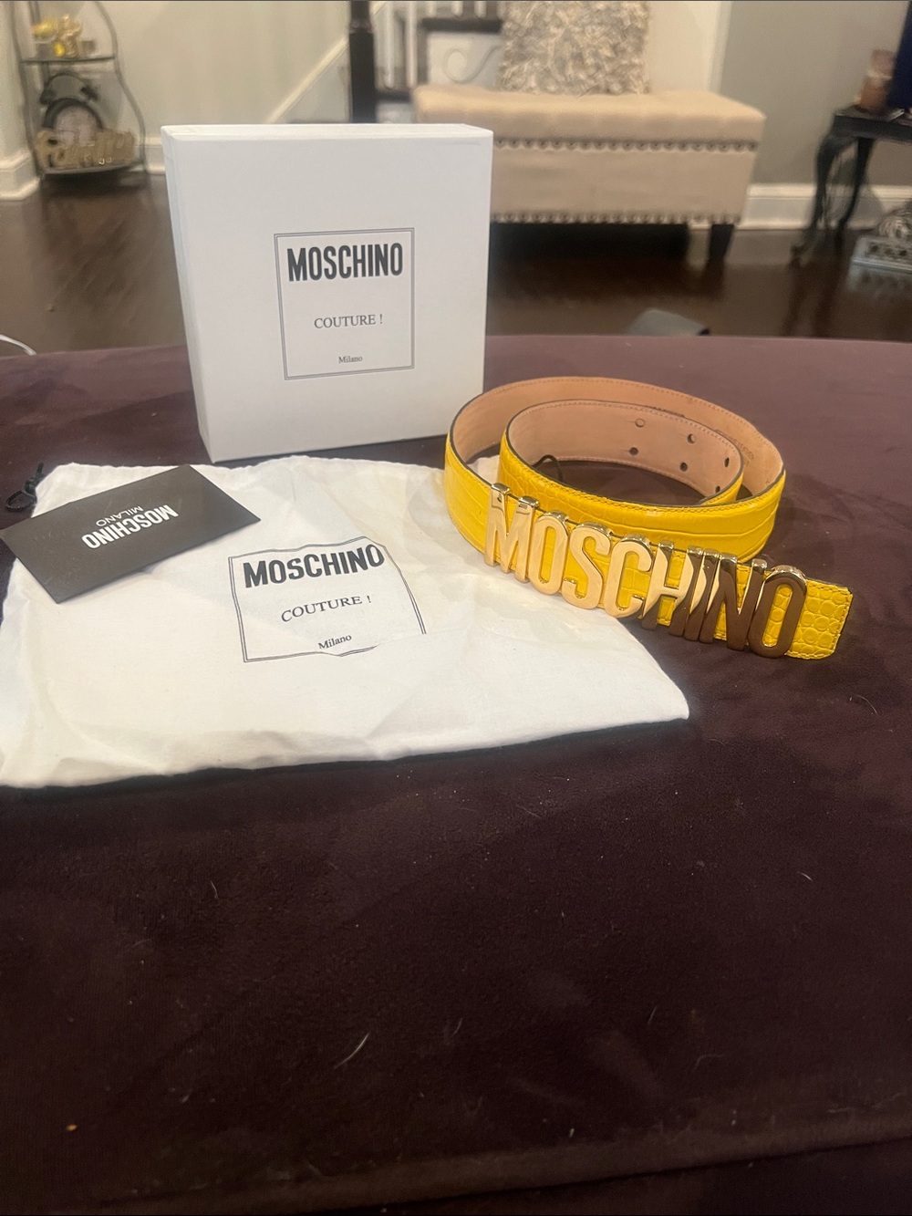 Moschino Yellow Leather Logo Belt with Gold-Tone MOSCHINO Buckle